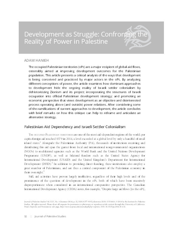 Development as Struggle: Confronting the Reality of Power in Palestine Thumbnail