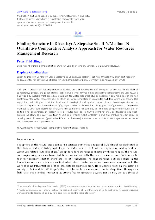 Finding structure in diversity: A stepwise small-N/medium-N qualitative comparative analysis approach for water resources management research Thumbnail