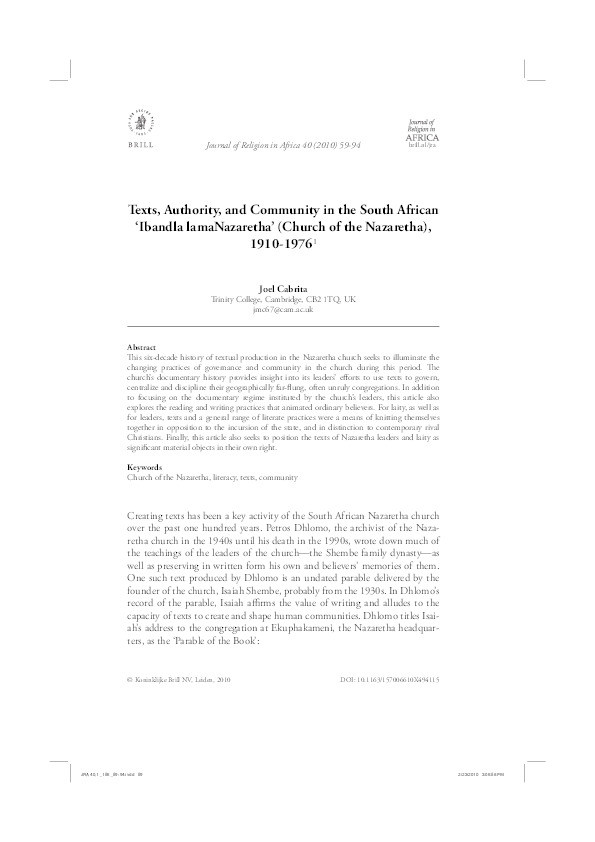 Texts, Authority and Community in the South African Ibandla lamaNazaretha (‘Church of the Nazaretha Thumbnail