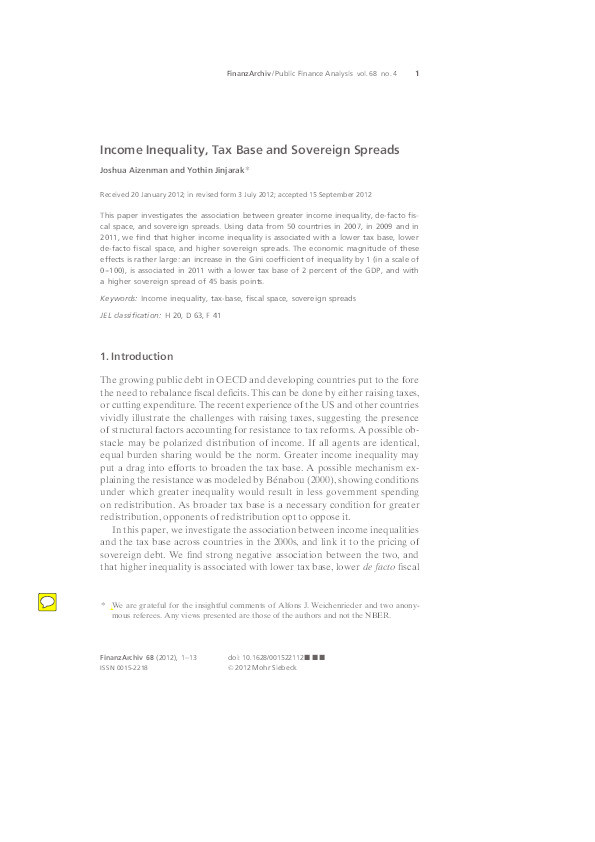 Income inequality, tax base and sovereign spreads Thumbnail