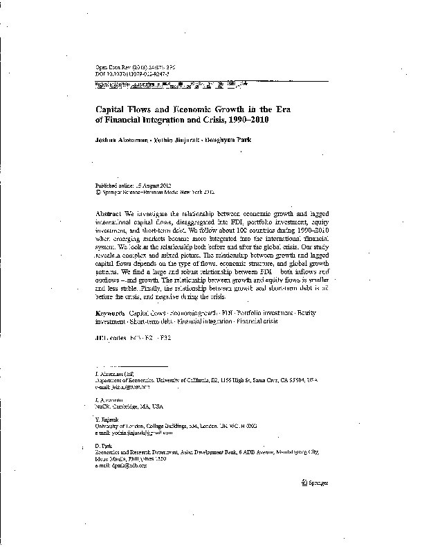 Capital flows and economic growth in the era of financial integration and crisis, 1990-2010 Thumbnail