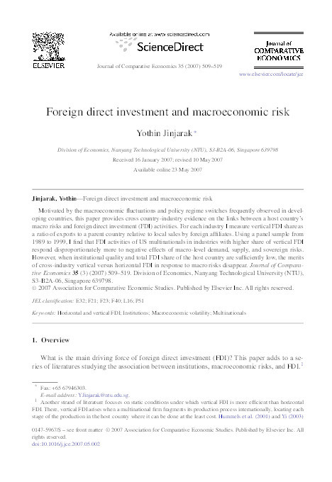 Foreign direct investment and macroeconomic risk Thumbnail