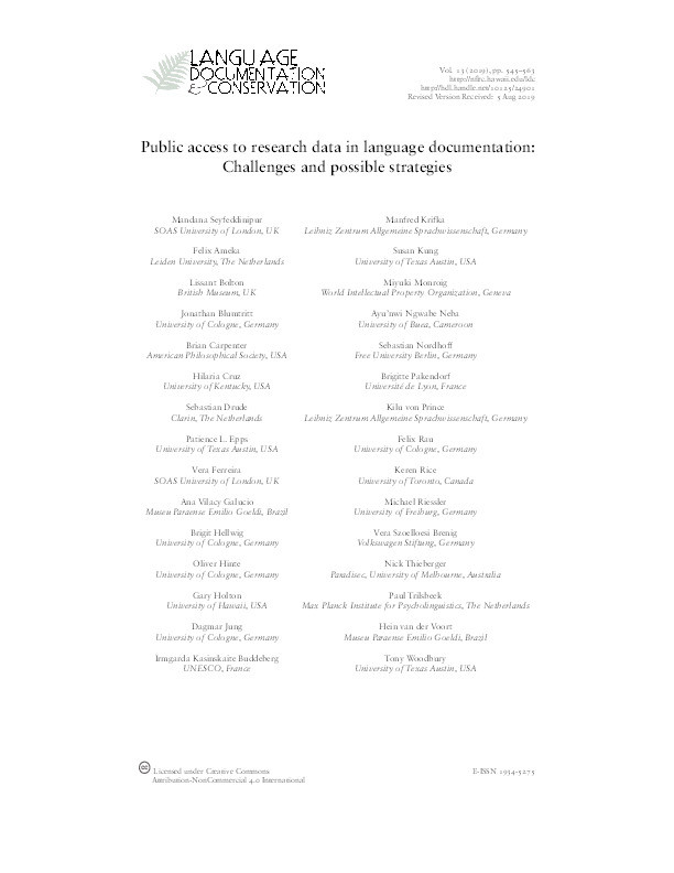 Public access to research data in language documentation: Challenges and possible strategies Thumbnail