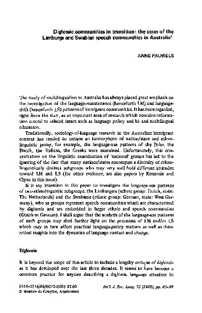 Diglossic communities in transition: the cases of the Limburgs and Swabian speech communities in Australia Thumbnail