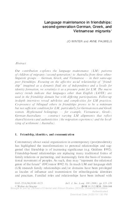 Language maintenance in friendships: second-generation German, Greek, and Vietnamese migrants Thumbnail