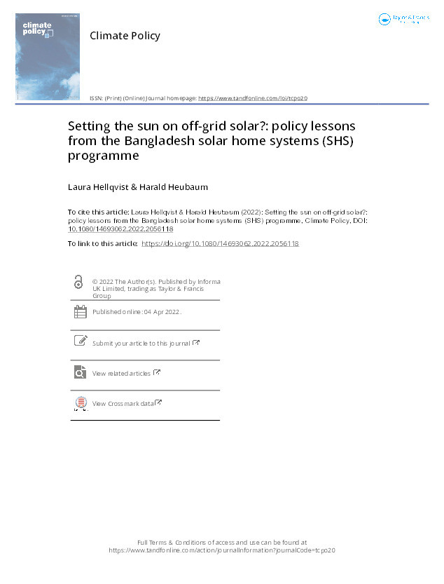 Setting the sun on off-grid solar?: policy lessons from the Bangladesh solar home systems (SHS) programme Thumbnail