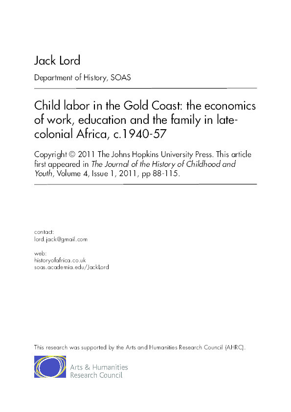 Child Labor in the Gold Coast: The Economics of Work, Education, and the Family in Late-Colonial African Childhoods, c. 1940-57 Thumbnail
