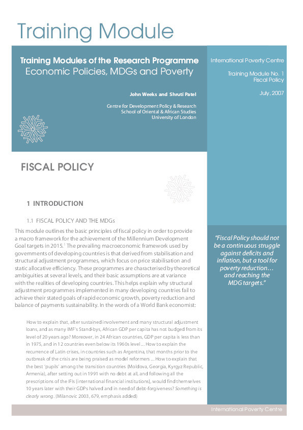 Training Modules of the Research Programme. Economic Policies, MDGs and Poverty Thumbnail