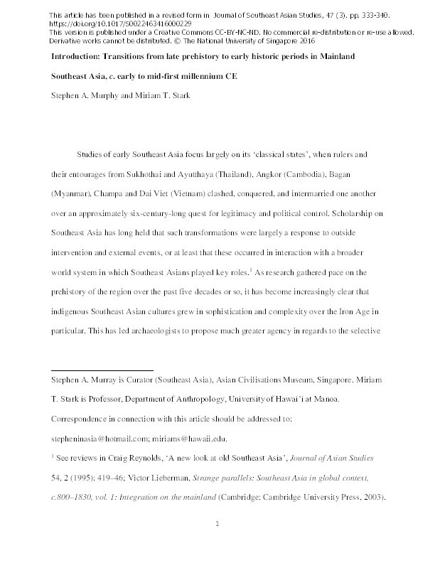 Introduction: Transitions from late prehistory to early historic periods in mainland Southeast Asia, c. early to mid-first millennium CE Thumbnail