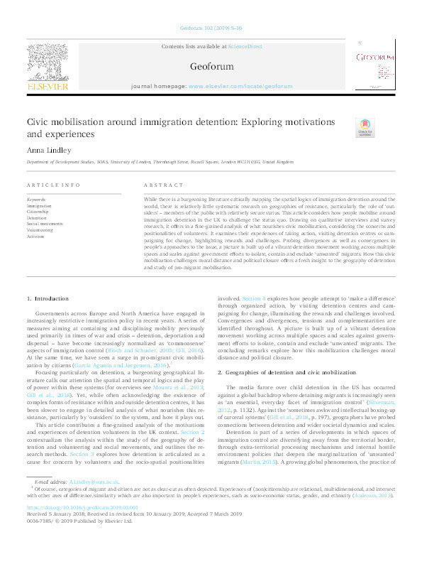 Civic mobilisation around immigration detention: Exploring motivations and experiences Thumbnail