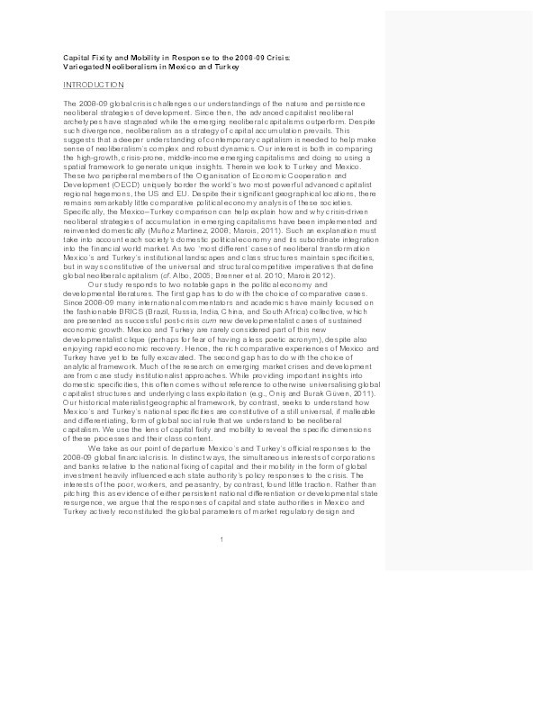 Capital Fixity and Mobility in Response to the 2008-09 Crisis: Variegated Neoliberalism in Mexico and Turkey Thumbnail