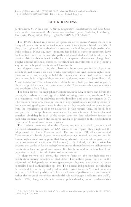 Review of J Hatchard, M Ndulo and P Slinn, 'Comparative Constitutionalism and Good Governance in the Commonwealth: An Eastern and Southern African Perspective' Thumbnail