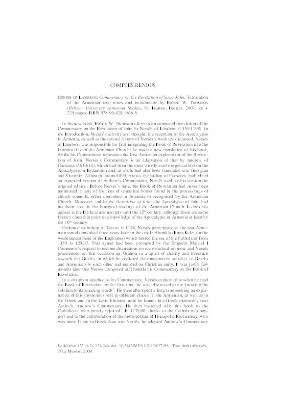 Review of 'Nerses of Lambron. Commentary on the Revelation of Saint John'. Translation of the Armenian text, notes, and introduction by Robert W. Thomson Thumbnail