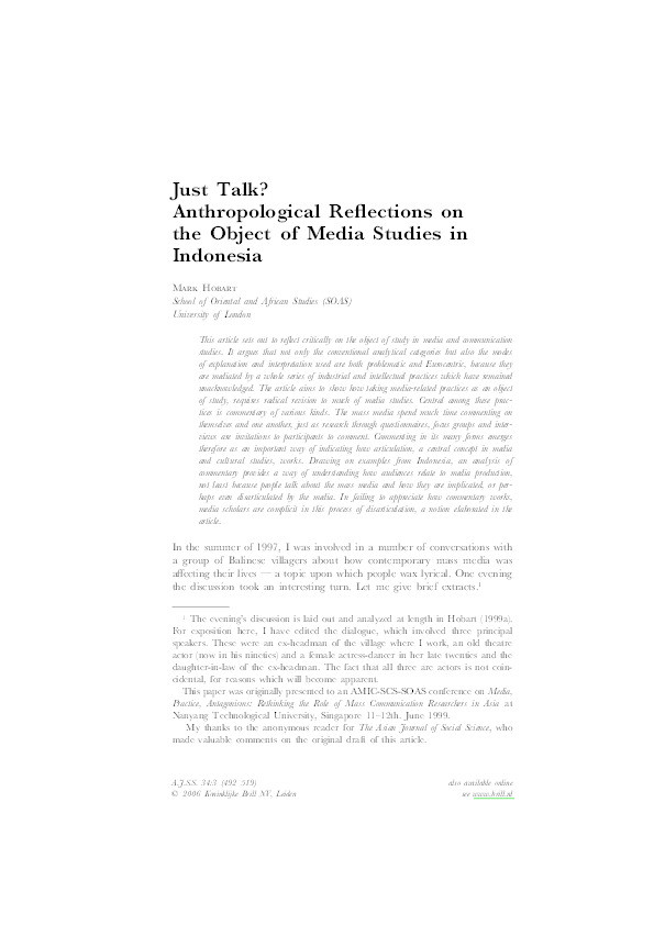 Just Talk? Anthropological Reflections on the Object of Media Studies in Indonesia Thumbnail