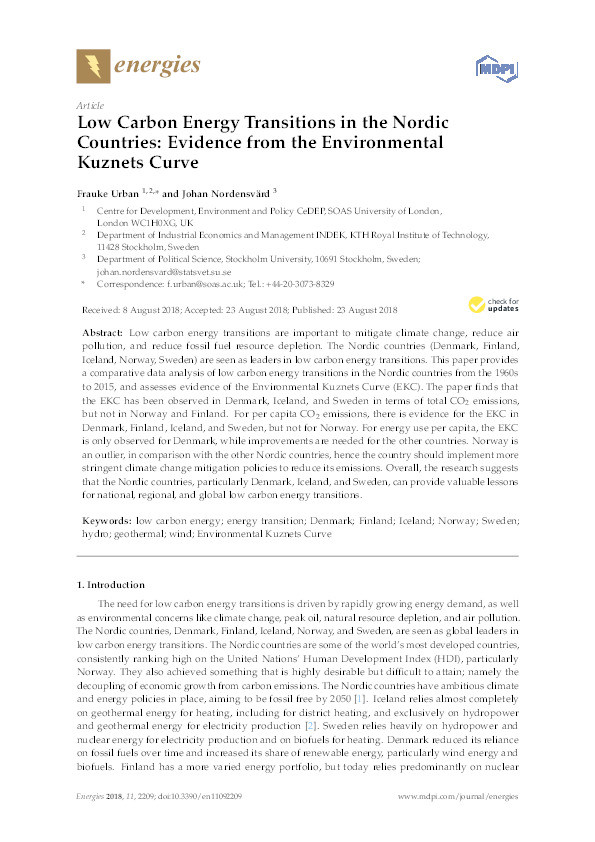 Low Carbon Energy Transitions in the Nordic Countries: Evidence from the Environmental Kuznets Curve Thumbnail