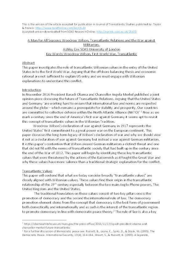 A Man for All Seasons: Woodrow Wilson, Transatlantic Relations and the War against Militarism Thumbnail