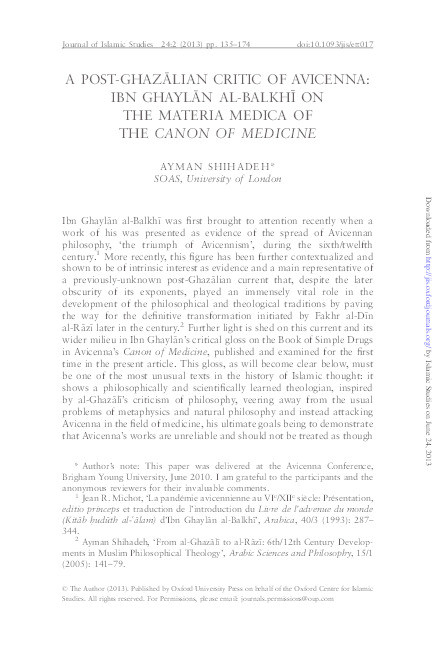 A Post-Ghazālian Critic of Avicenna: Ibn Ghaylān al-Balkhī on the Materia Medica of the Canon of Medicine Thumbnail