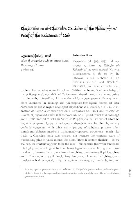 Khojazada on al-Ghazali's Criticism of the Philosophers' Proof of the Existence of God Thumbnail