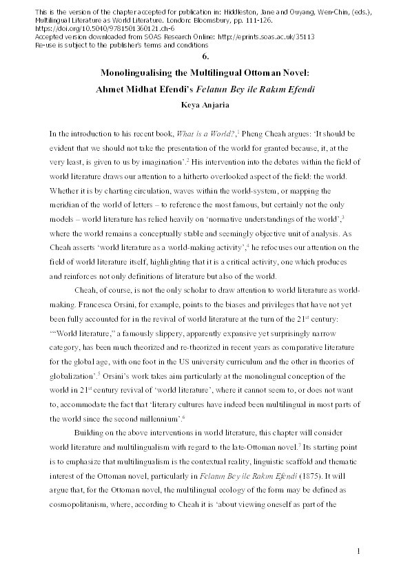 Monolingualising the Multilingual Ottoman Novel:  Ahmet Midhat Efendi’s Felatun Bey ile Rakım Efendi Thumbnail