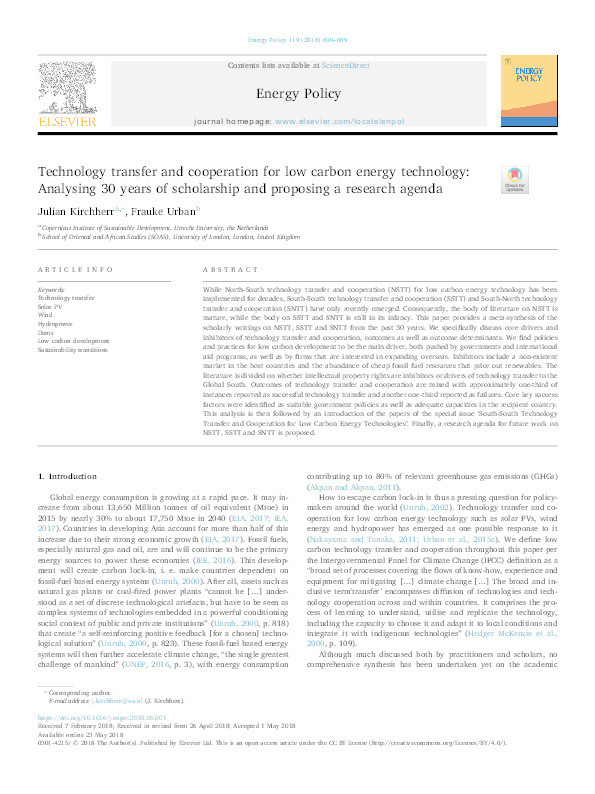 Technology transfer and cooperation for low carbon energy technology: Analysing 30 years of scholarship and proposing a research agenda Thumbnail