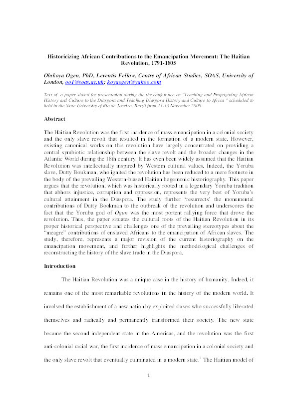 Historicising African Contributions to the Emancipation Movement: The Haitian Revolution, 1791-1805 Thumbnail