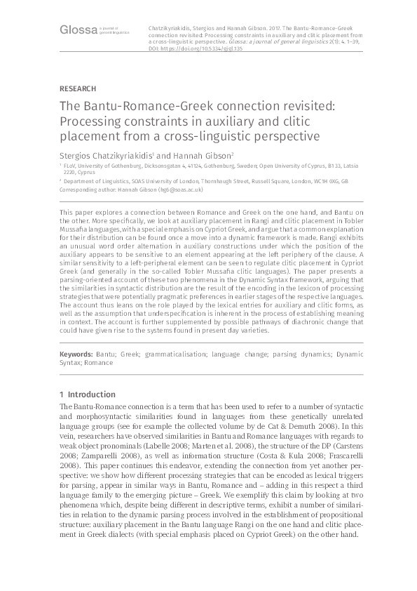 The Bantu-Romance-Greek connection revisited: processing constraints  in auxiliary and clitic placement from a cross-linguistic perspective Thumbnail