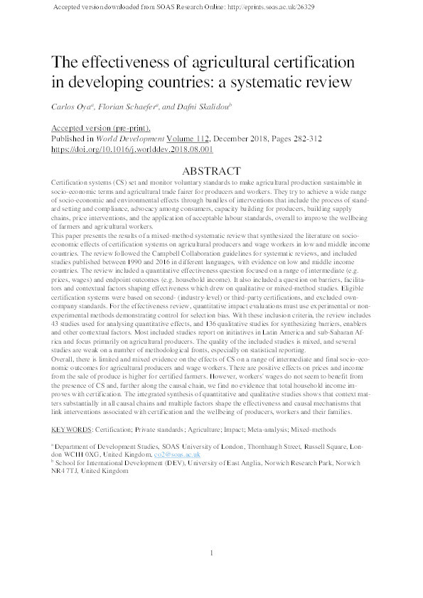 The effectiveness of agricultural certification in developing countries: a systematic review Thumbnail