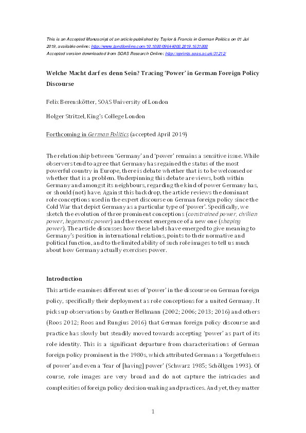 Welche Macht darf es denn Sein? Tracing ‘Power’ in German Foreign Policy Discourse Thumbnail