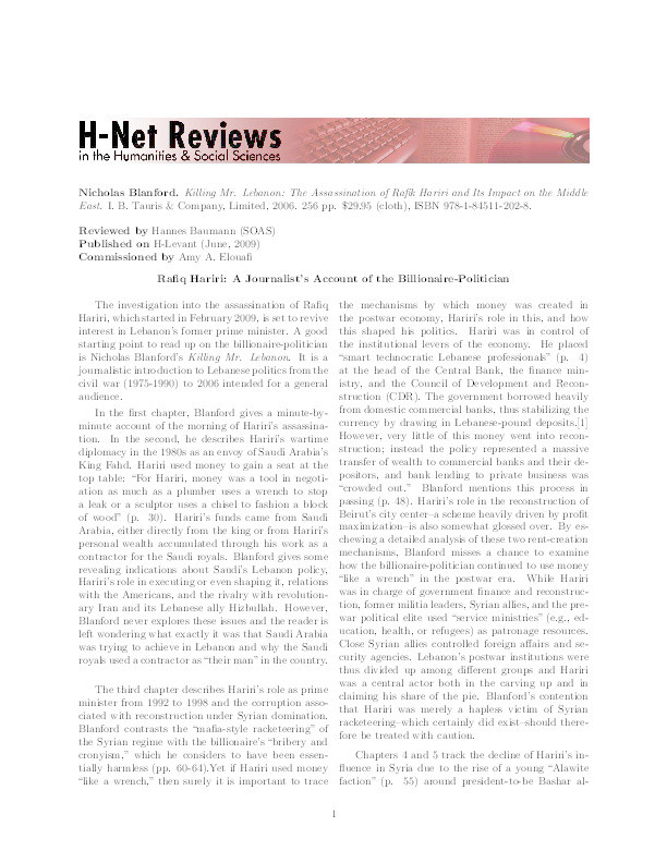 Review of N. Blanford, 'Killing Mr. Lebanon: The Assassination of Rafik Hariri and Its Impact on the Middle East' Thumbnail