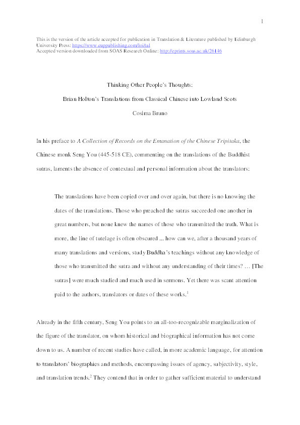 Thinking Other People's Thoughts: Brian Holton's Translations from Classical Chinese into Scots Thumbnail