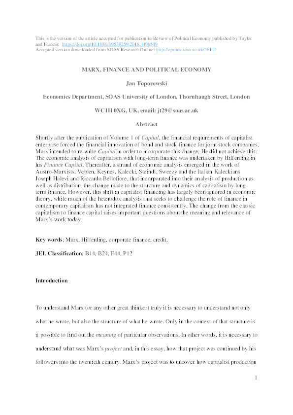 Marx, Finance and Political Economy Thumbnail