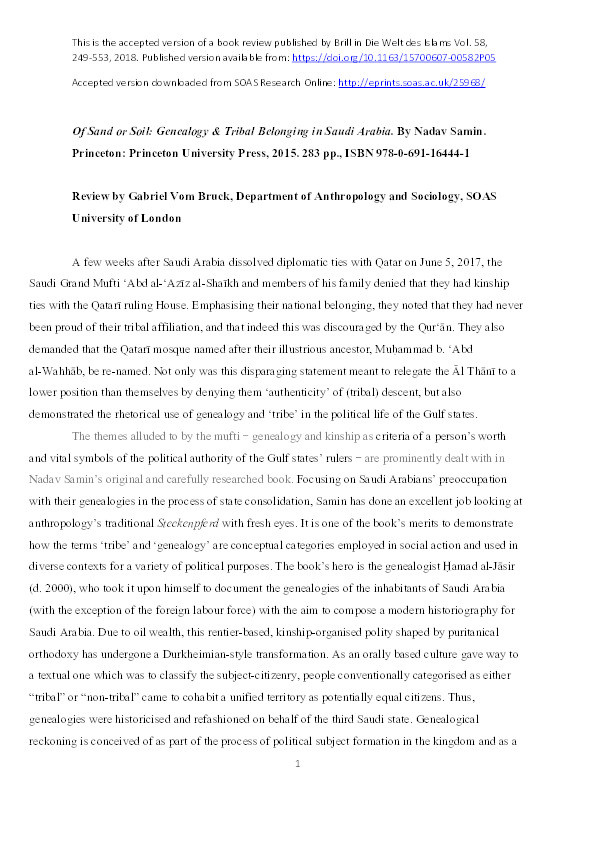 Review of: Of Sand and Soil: Genealogy and Tribal Belonging in Saudi Arabia by Nadav Samin. Princeton: Princeton University Press, 2015 Thumbnail