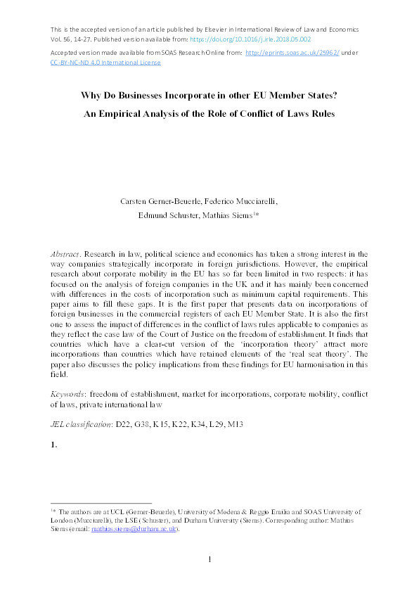 Why do businesses incorporate in other EU Member States? An empirical analysis of the role of conflict of laws rules Thumbnail
