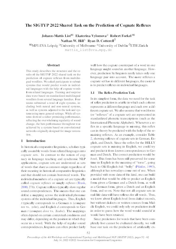 The SIGTYP 2022 Shared Task on the Prediction of Cognate Reflexes Thumbnail