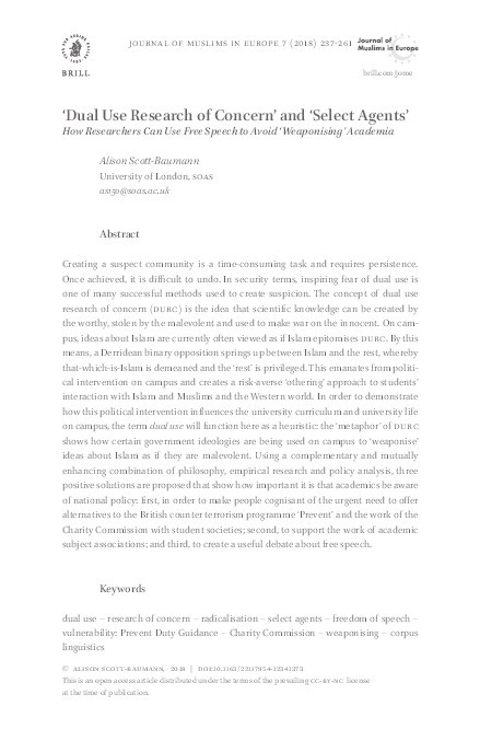‘Dual Use Research of Concern’ and ‘Select Agents’: How Researchers Can Use Free Speech to Avoid ‘Weaponising’ Academia Thumbnail