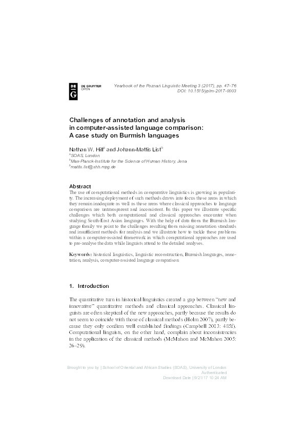 Challenges of Annotation and Analysis in Computer-Assisted Language Comparison: A Case Study on Burmish Languages Thumbnail