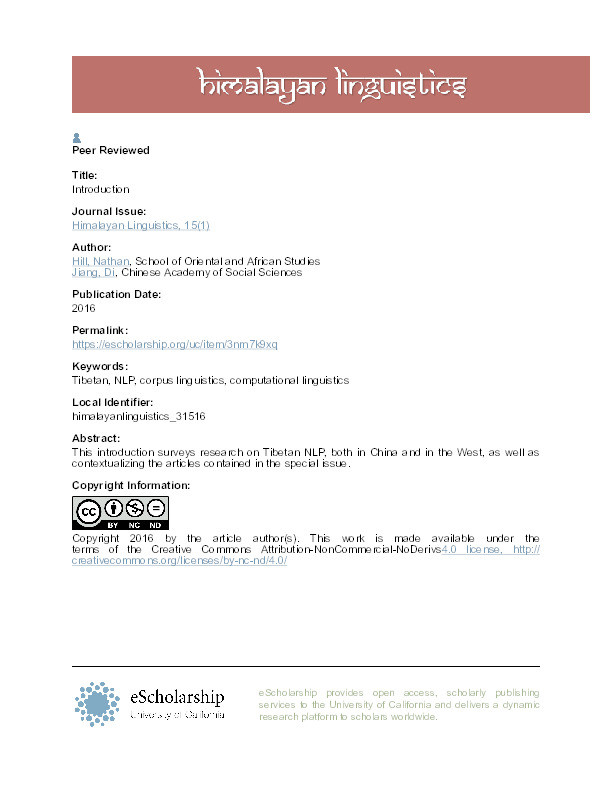 Introduction (to Special Issue on Tibetan Natural Language Processing) Thumbnail