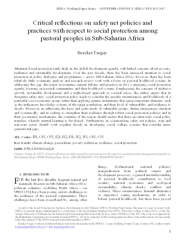 Critical reflections on safety net policies and practices with respect to social protection among pastoral peoples in Sub-Saharan Africa Thumbnail