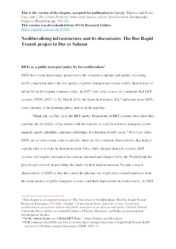 Neoliberalizing Infrastructure and Its Discontents: The Bus Rapid Transit Project in Dar es Salaam Thumbnail