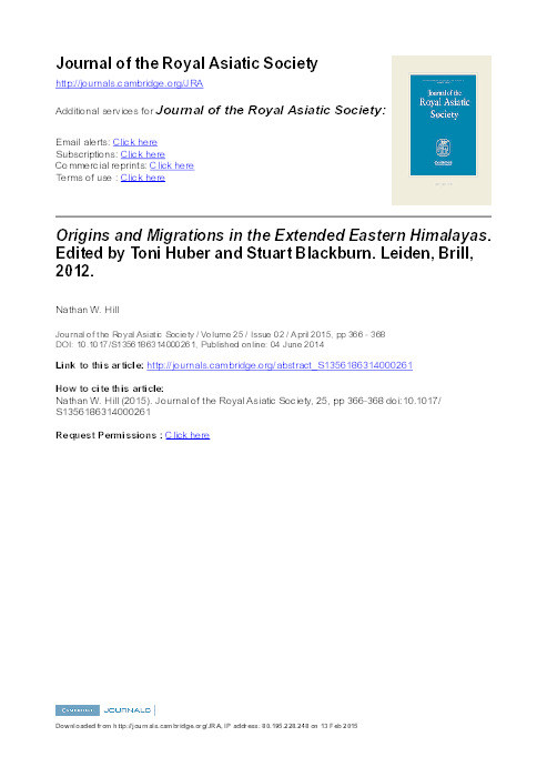 Review of Origins and Migrations in the Extended Eastern Himalayas. Edited by Toni Huber and Stuart Blackburn. Leiden, Brill, 2012. Thumbnail