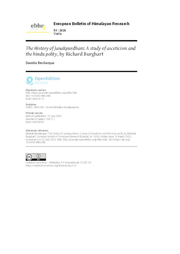 Review of: The History of Janakpurdham. A Study of Asceticism and the Hindu Polity, by Richard Burghart. Kathmandu: Himal Books, 2016 Thumbnail