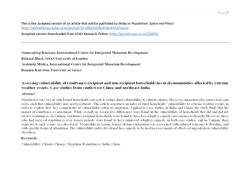 Assessing vulnerability of remittance-recipient and non-recipient households in rural communities affected by extreme weather events: Case studies from south-west China and northeast India Thumbnail