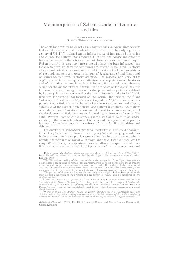Metamorphoses of Scheherazade in Literature and Film Thumbnail
