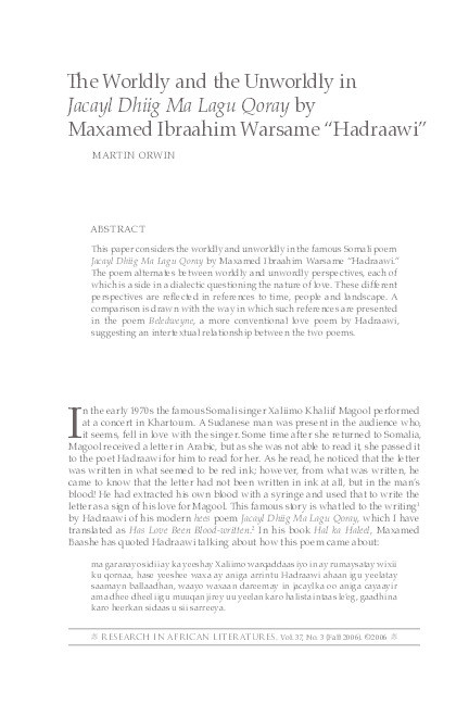The Worldly and the Unworldly in Jacayl Dhiig Ma Lagu Qoray by Maxamed Ibraahim Warsame "Hadraawi" Thumbnail