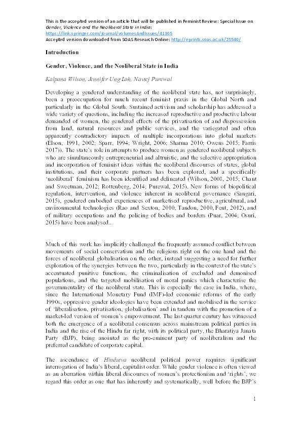 Introduction: Gender, Violence, and the Neoliberal State in India Thumbnail