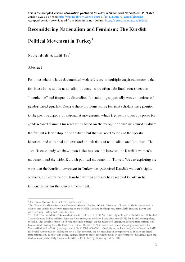 Reconsidering nationalism and feminism: the Kurdish political movement in Turkey Thumbnail