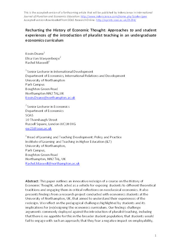 Recharting the History of Economic Thought: Approaches to and student experiences of the introduction of pluralist teaching in an undergraduate economics curriculum Thumbnail
