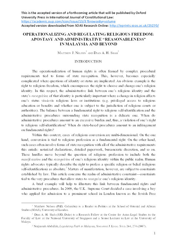 Operationalizing and Regulating Religious Freedom: Apostasy and Administrative "Reasonableness" in Malaysia and Beyond Thumbnail