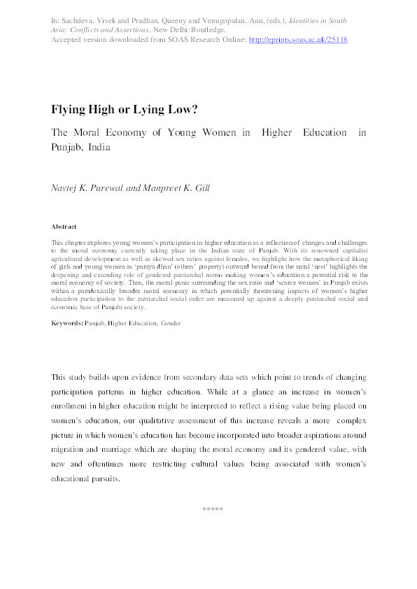 Flying High or Lying Low? The Moral Economy of Young Women in Higher Education in Punjab, India Thumbnail