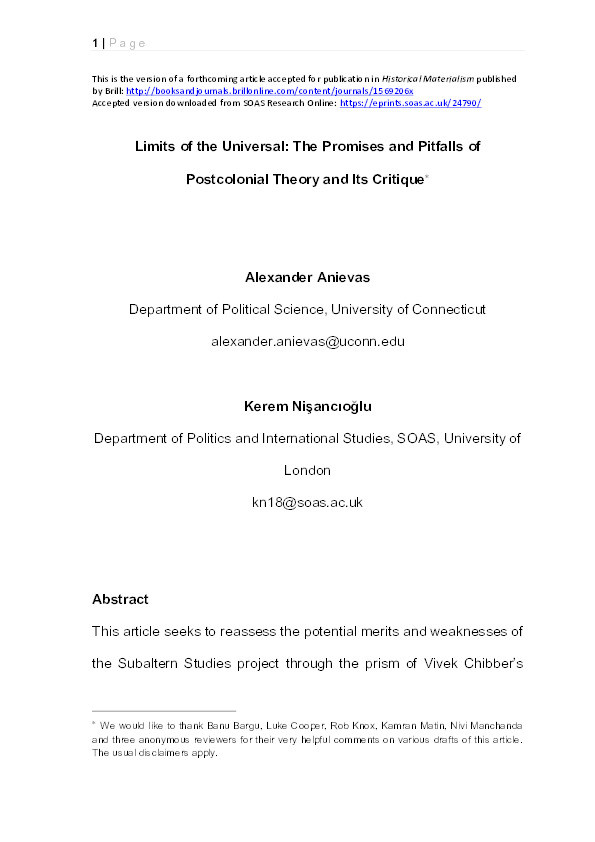 Limits of the Universal: The Promises and Pitfalls of Postcolonial Theory and Its Critique Thumbnail